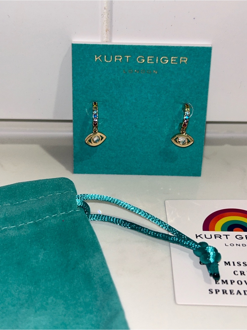 Kurt Geiger London Evil Eye crystal huggie hoop earrings dustbag,carecard NWT